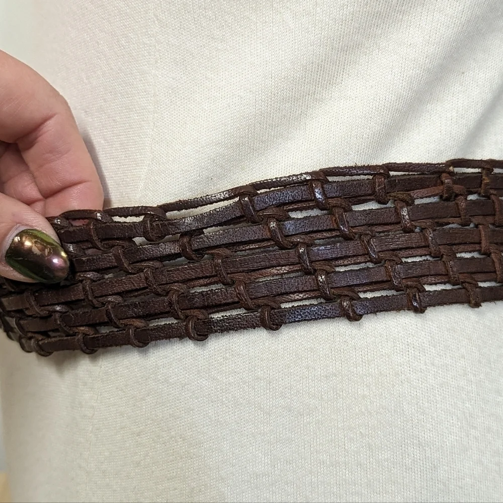 Vintage Wide Braided Brown Leather Belt with Nickel Buckle L
